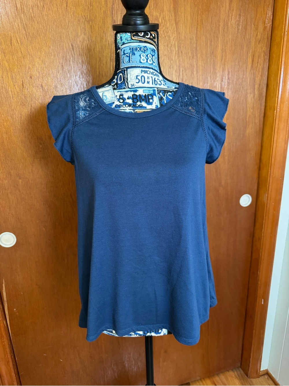 Cloud Chaser Women’s Small Navy Lace-Yoke Flutter Sleeve Top